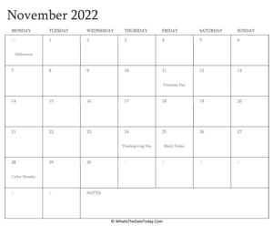 editable calendar november 2022 with holidays