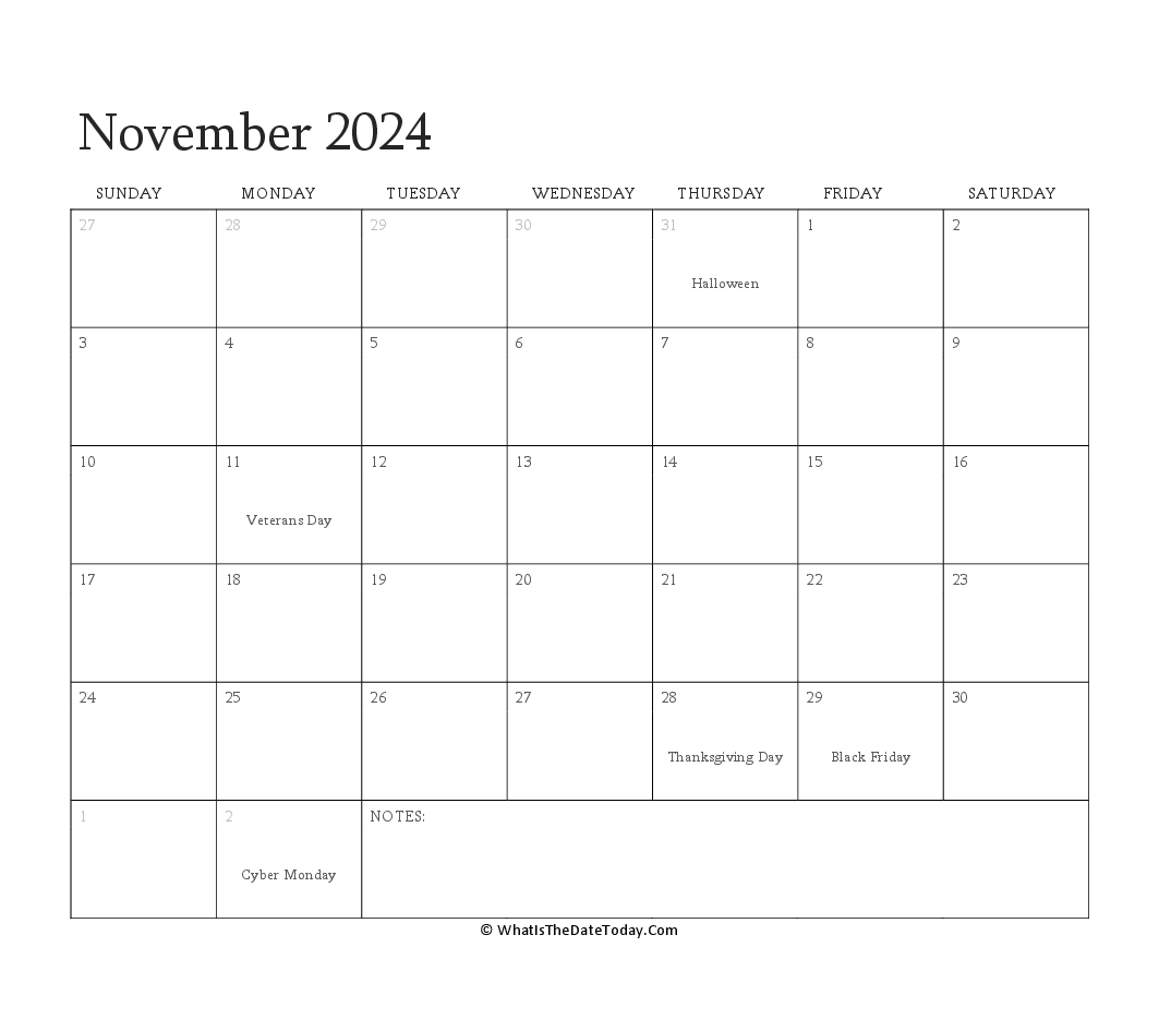 Editable Calendar november 2024 with Holidays