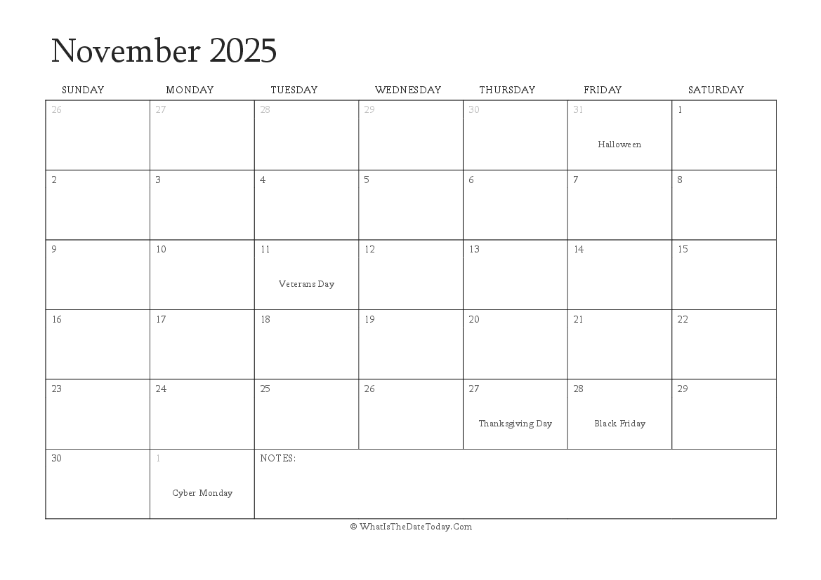 Editable Calendar november 2025 with Holidays
