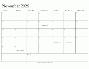 editable calendar november 2026 with holidays
