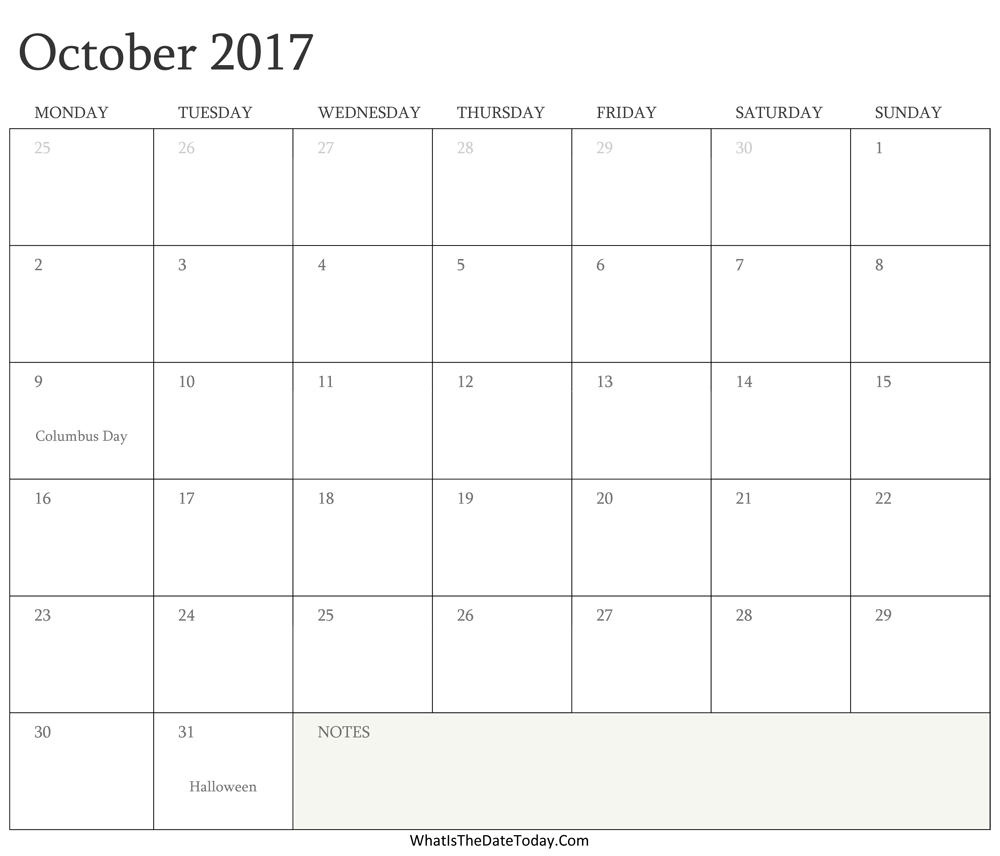 Editable Calendar october 2017 with Holidays