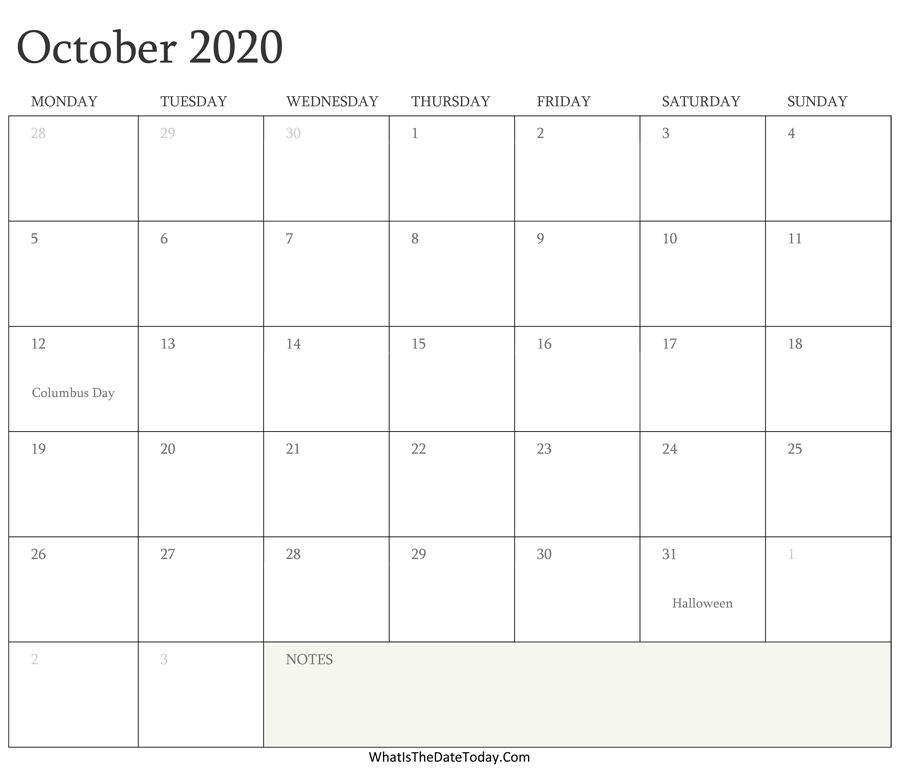 Editable Calendar october 2020 with Holidays