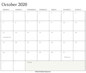 editable calendar october 2020 with holidays