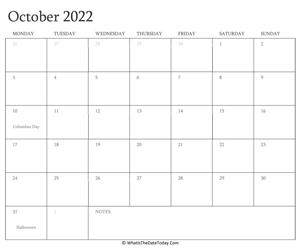 editable calendar october 2022 with holidays