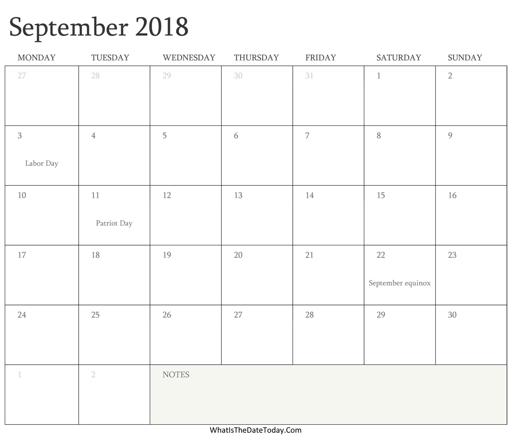 Editable Calendar september 2018 with Holidays