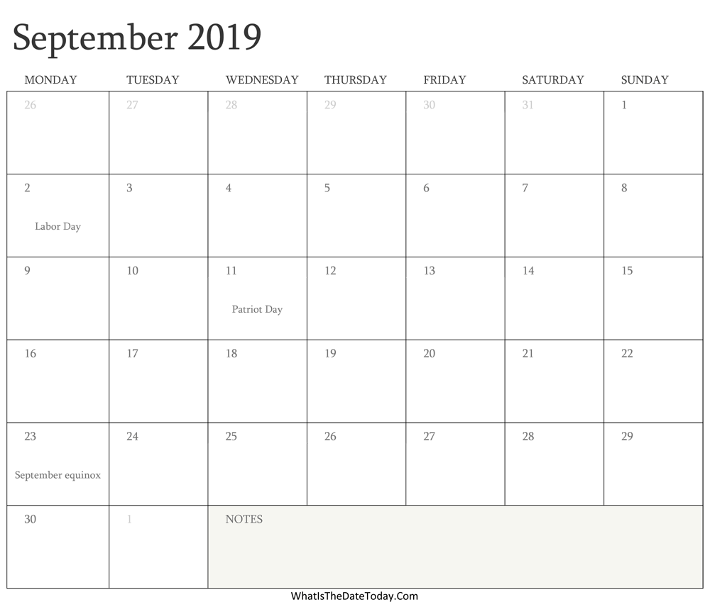 Editable Calendar september 2019 with Holidays