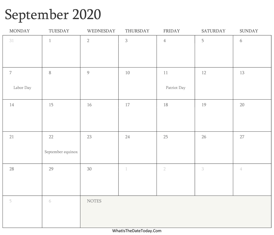 Editable Calendar september 2020 with Holidays