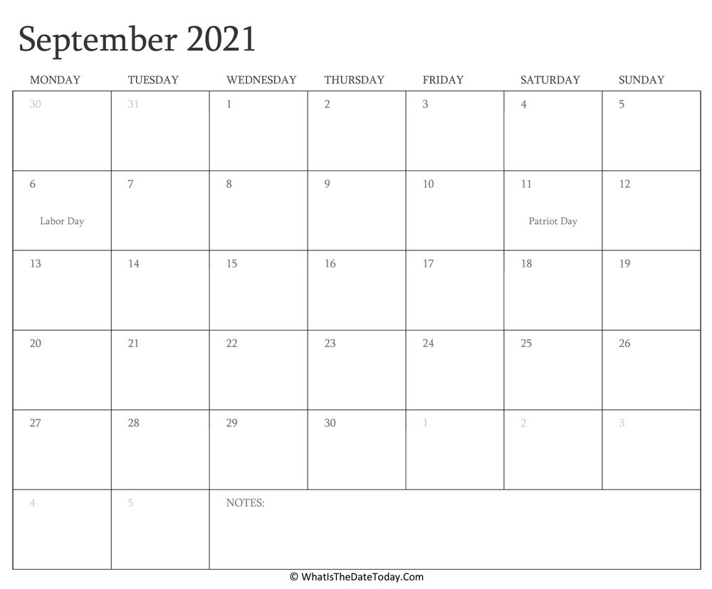 Editable Calendar september 2021 with Holidays