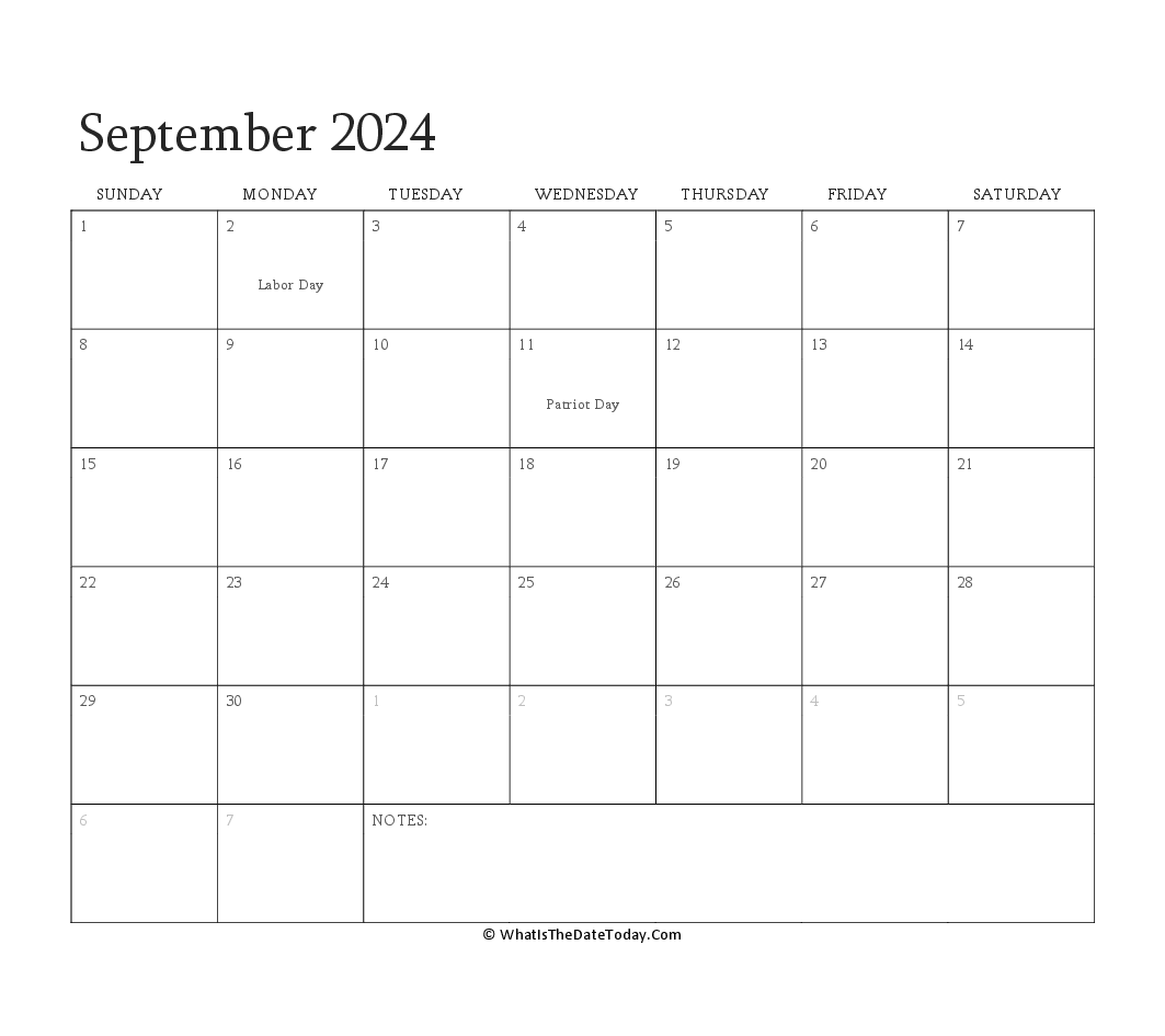 Editable Calendar september 2024 with Holidays