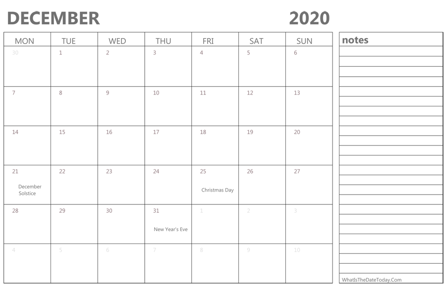 Editable december 2020 Calendar with Holidays and Notes