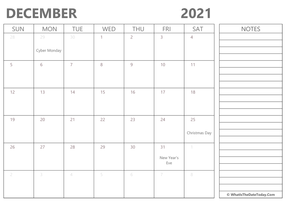 Editable december 2021 Calendar with Holidays and Notes