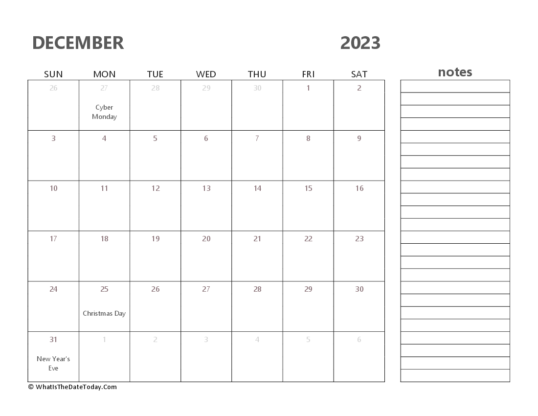 Editable december 2023 Calendar with Holidays and Notes