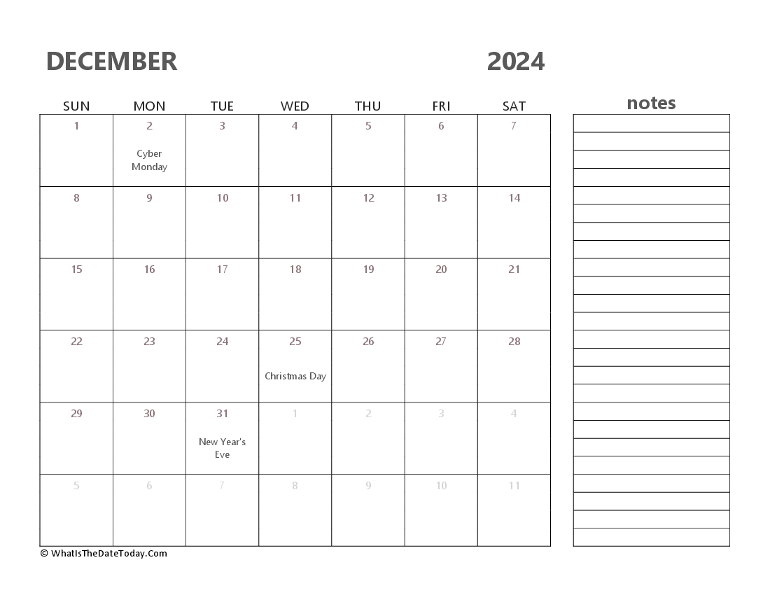Editable december 2024 Calendar with Holidays and Notes