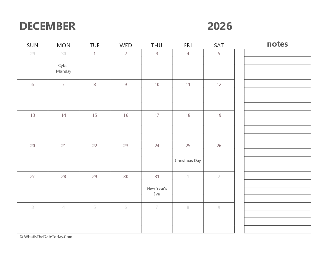 Editable december 2026 Calendar with Holidays and Notes