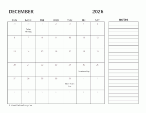 editable december 2026 calendar with holidays and notes