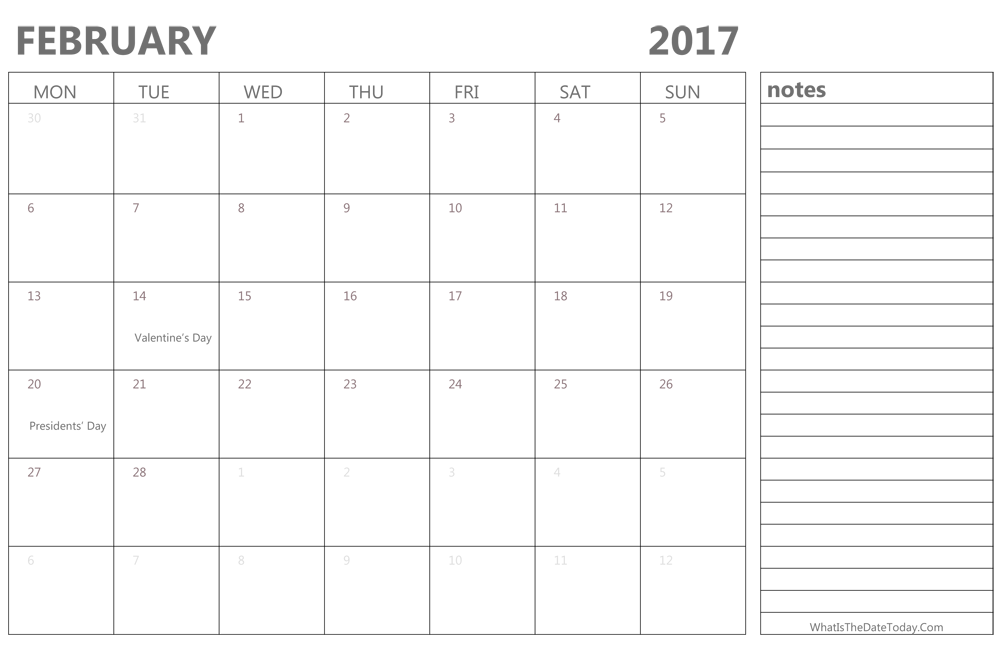 Editable february 2017 Calendar with Holidays and Notes