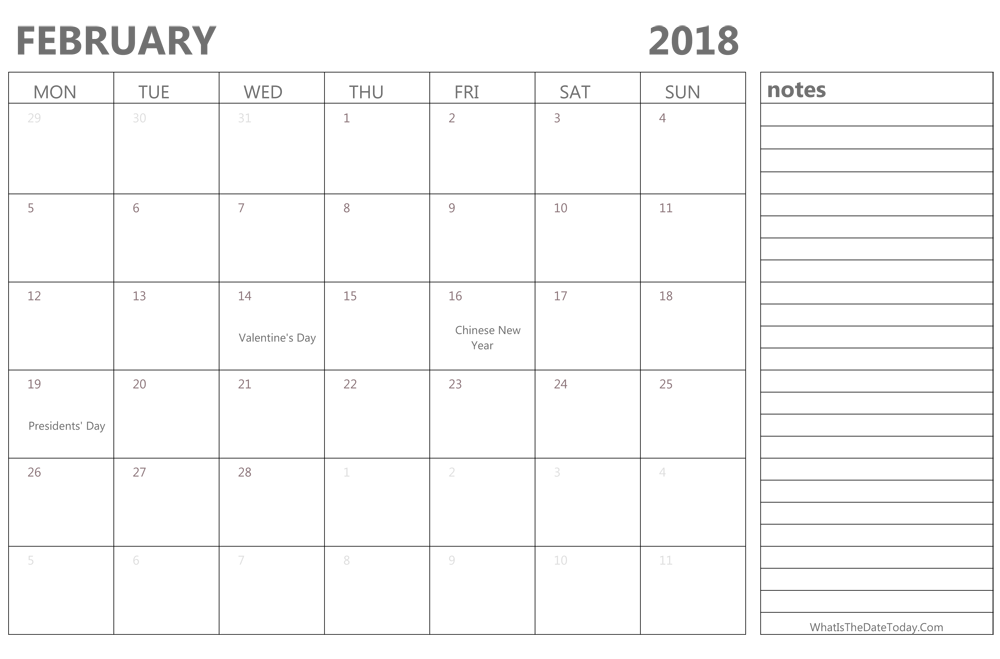 Editable february 2018 Calendar with Holidays and Notes