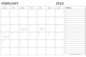 editable 2018 february calendar with notes