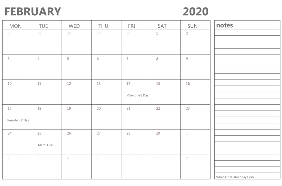Editable february 2020 Calendar with Holidays and Notes