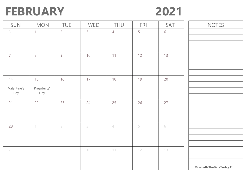 Editable february 2021 Calendar with Holidays and Notes