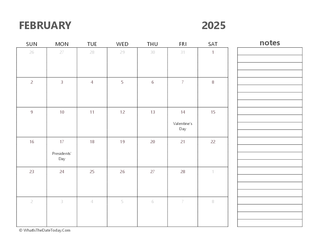 Editable february 2025 Calendar with Holidays and Notes