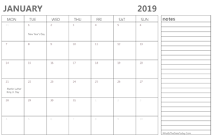editable january 2019 calendar with holidays and notes