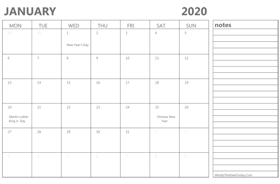 Editable january 2020 Calendar with Holidays and Notes