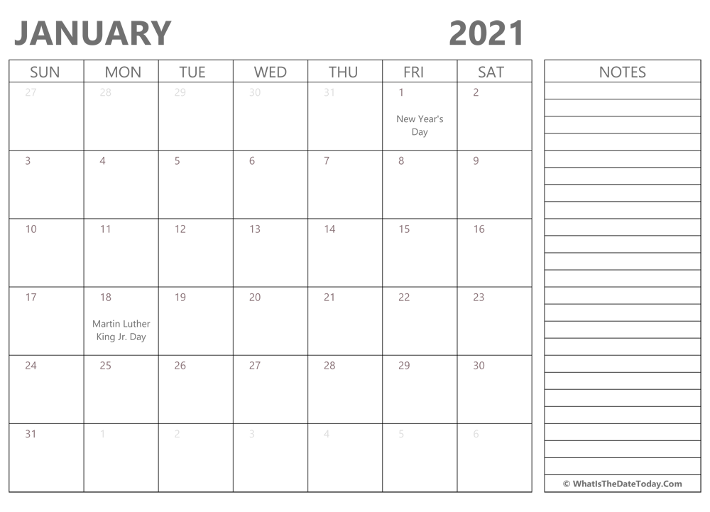Editable january 2021 Calendar with Holidays and Notes