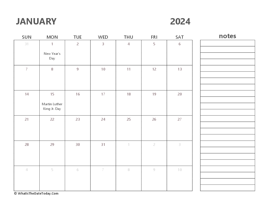 Editable january 2024 Calendar with Holidays and Notes