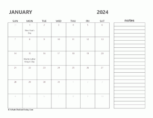 editable january 2024 calendar with holidays and notes