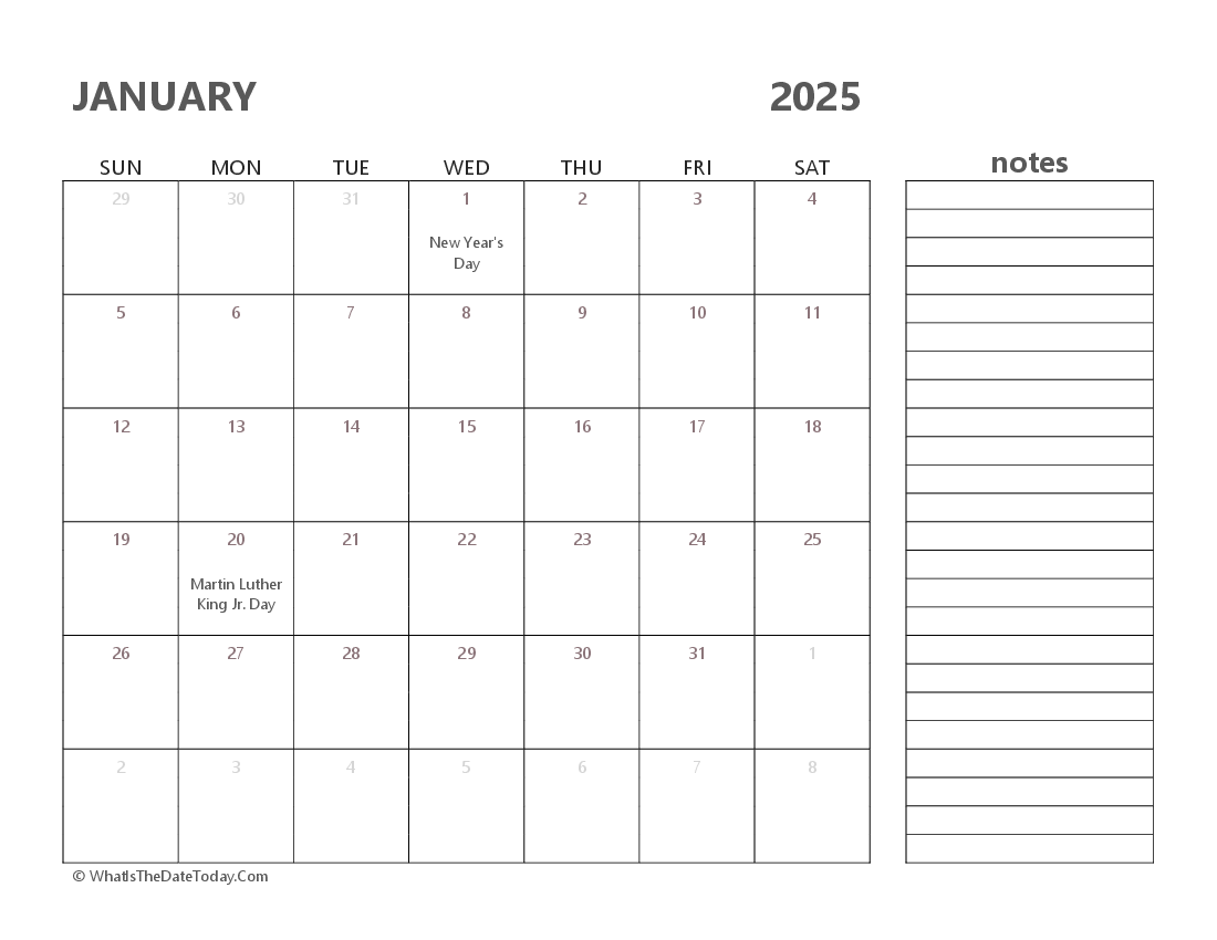 Editable january 2025 Calendar with Holidays and Notes