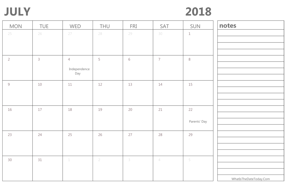 Editable july 2018 Calendar with Holidays and Notes