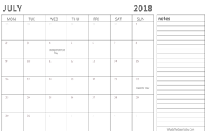 editable july 2018 calendar with holidays and notes
