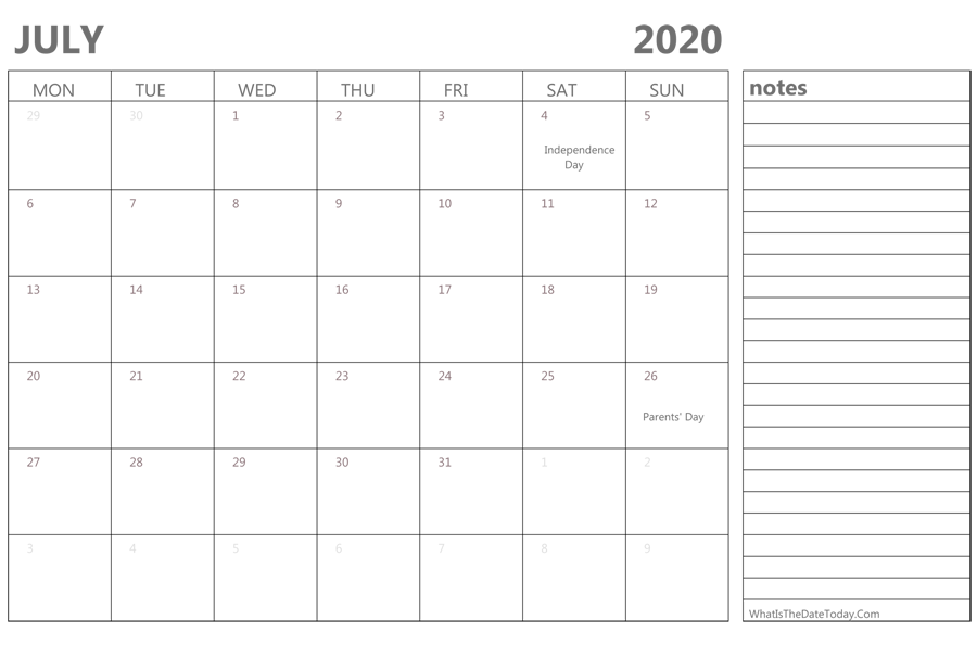 Editable july 2020 Calendar with Holidays and Notes
