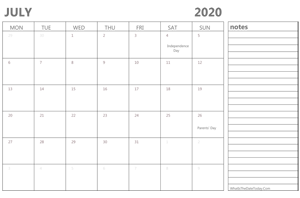 editable july 2020 calendar with holidays and notes