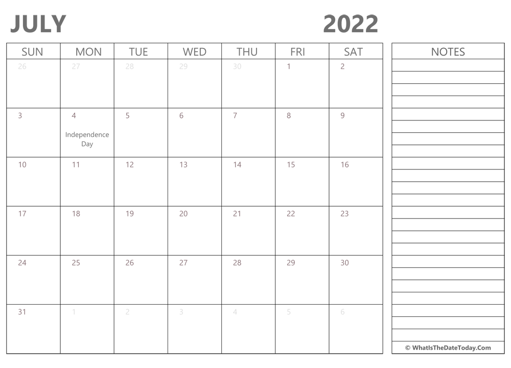Editable july 2022 Calendar with Holidays and Notes