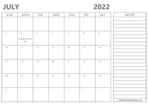 editable july 2022 calendar with holidays and notes