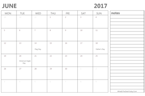 editable june 2017 calendar with holidays and notes