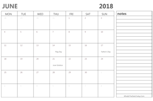 editable 2018 june calendar with notes