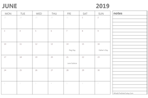 editable 2019 june calendar with notes
