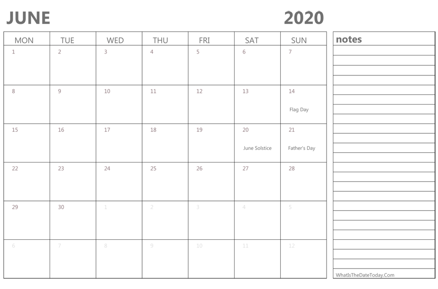Editable june 2020 Calendar with Holidays and Notes