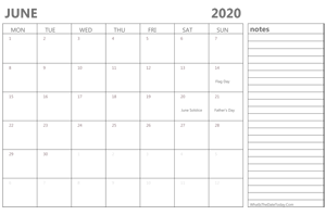 editable june 2020 calendar with holidays and notes