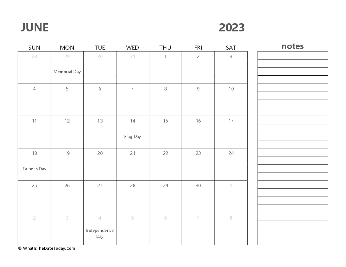 Editable june 2023 Calendar with Holidays and Notes