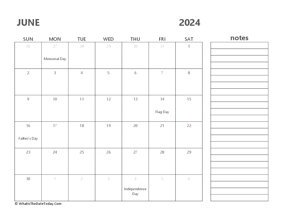 Editable june 2024 Calendar with Holidays and Notes