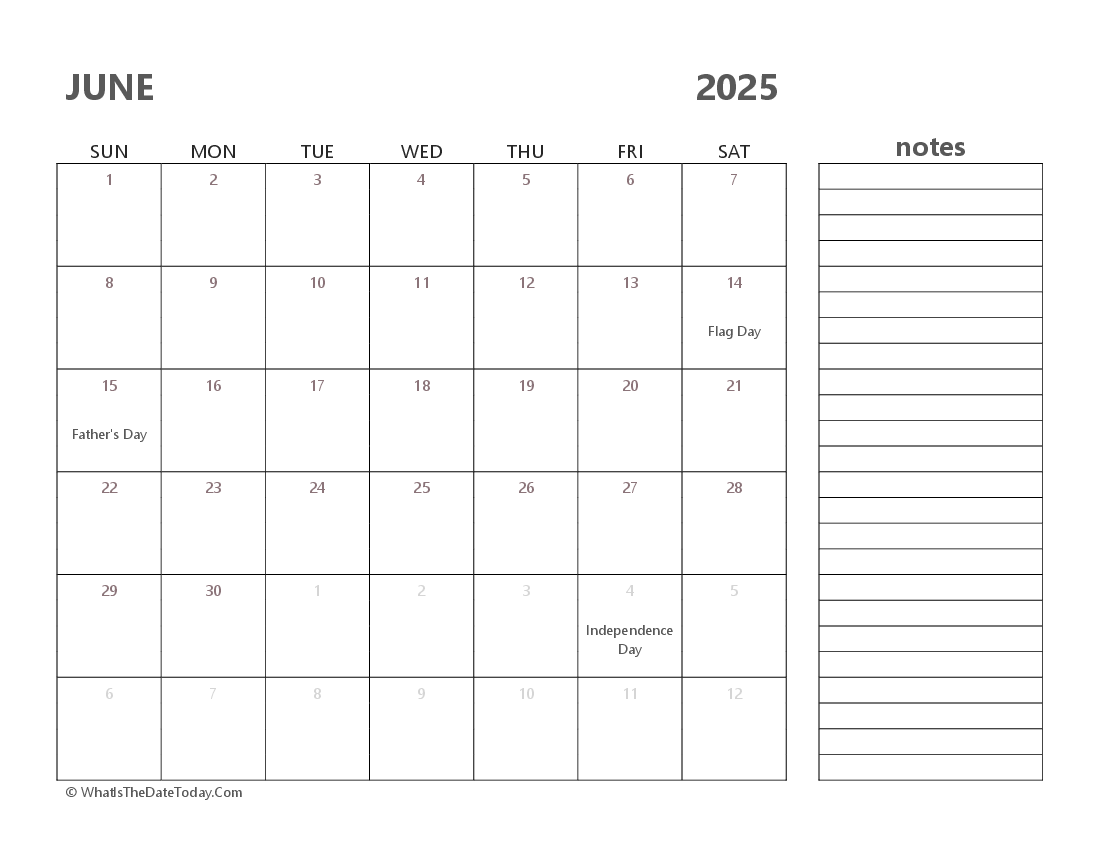 Editable june 2025 Calendar with Holidays and Notes