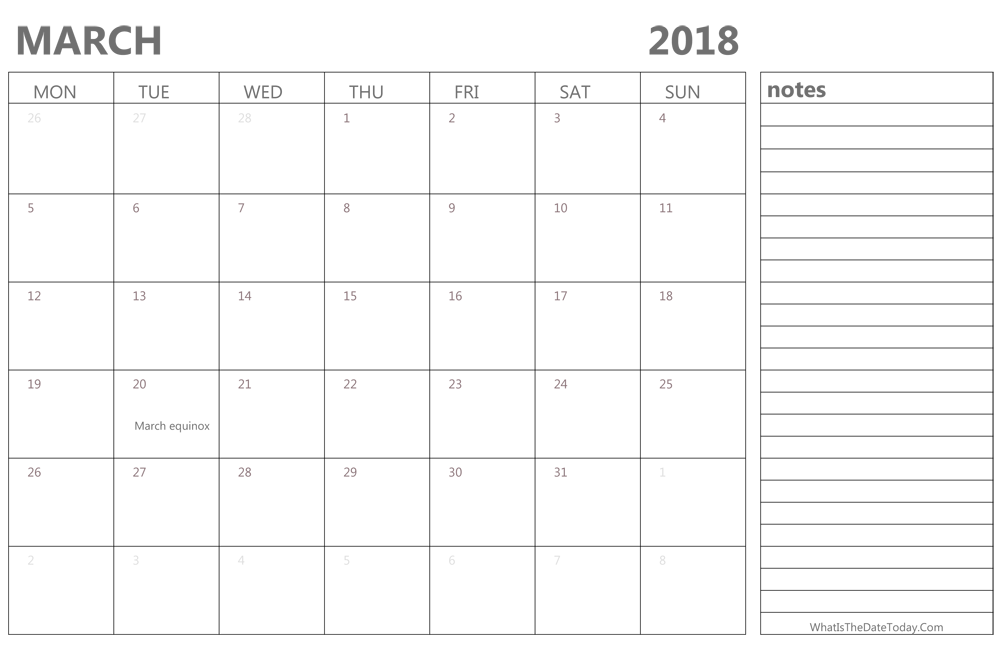 Editable march 2018 Calendar with Holidays and Notes