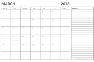 editable 2018 march calendar with notes