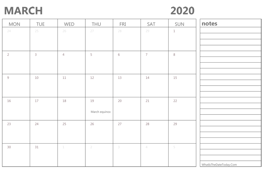 Editable march 2020 Calendar with Holidays and Notes
