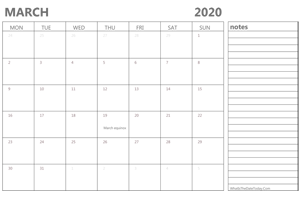 editable march 2020 calendar with holidays and notes