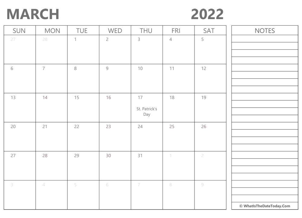Editable march 2022 Calendar with Holidays and Notes